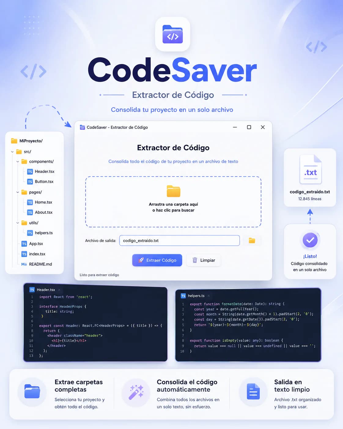 Code Saver — A GUI tool that consolidates a whole codebase into a single prompt to accelerate AI-assisted development.